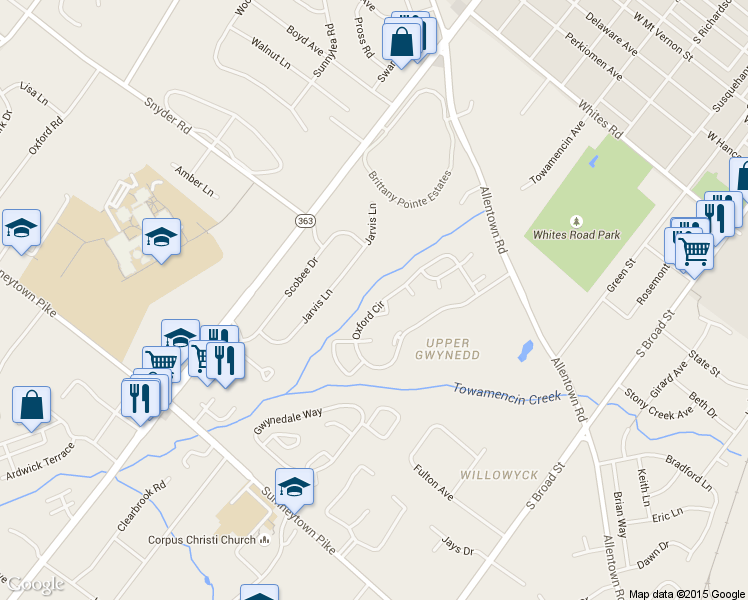 map of restaurants, bars, coffee shops, grocery stores, and more near 1232 Oxford Cir in Lansdale