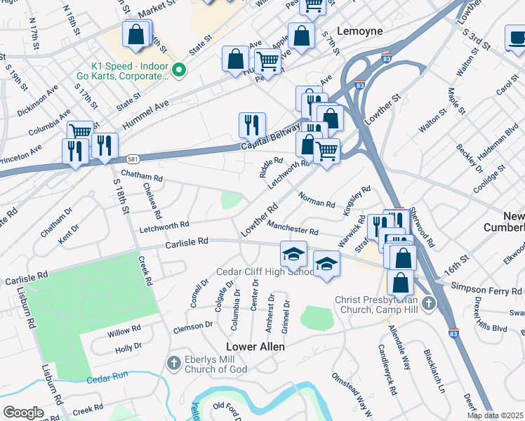 map of restaurants, bars, coffee shops, grocery stores, and more near 1398 Lowther Road in Camp Hill