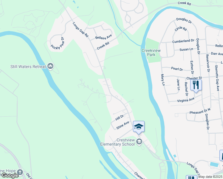 map of restaurants, bars, coffee shops, grocery stores, and more near 495 Longs Gap Road in Carlisle