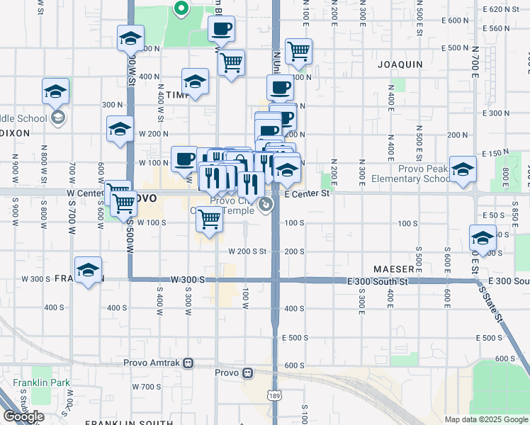 map of restaurants, bars, coffee shops, grocery stores, and more near 50 South University Avenue in Provo