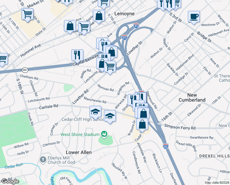 map of restaurants, bars, coffee shops, grocery stores, and more near 301 Norman Road in Camp Hill