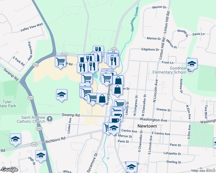 map of restaurants, bars, coffee shops, grocery stores, and more near 200 North Sycamore Street in Newtown