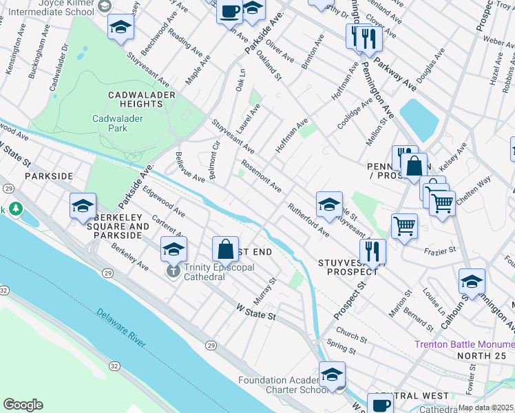 map of restaurants, bars, coffee shops, grocery stores, and more near 720 Bellevue Avenue in Trenton