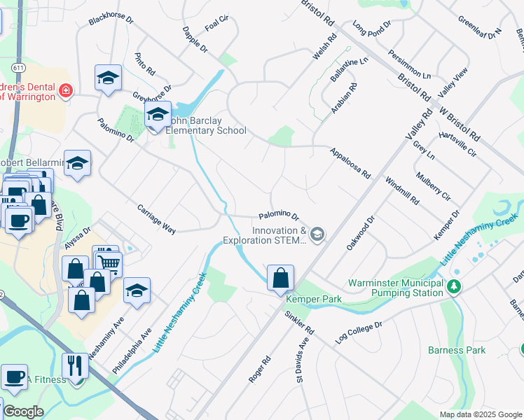 map of restaurants, bars, coffee shops, grocery stores, and more near 1753 Palomino Drive in Warrington