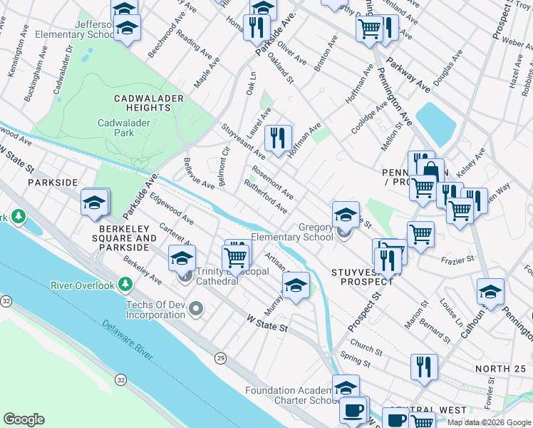 map of restaurants, bars, coffee shops, grocery stores, and more near 720 Bellevue Avenue in Trenton