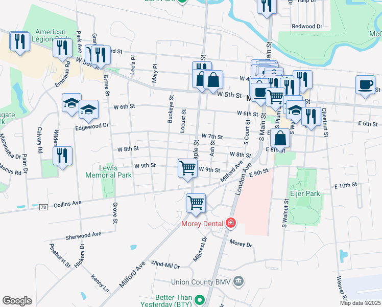 map of restaurants, bars, coffee shops, grocery stores, and more near 403 South Maple Street in Marysville