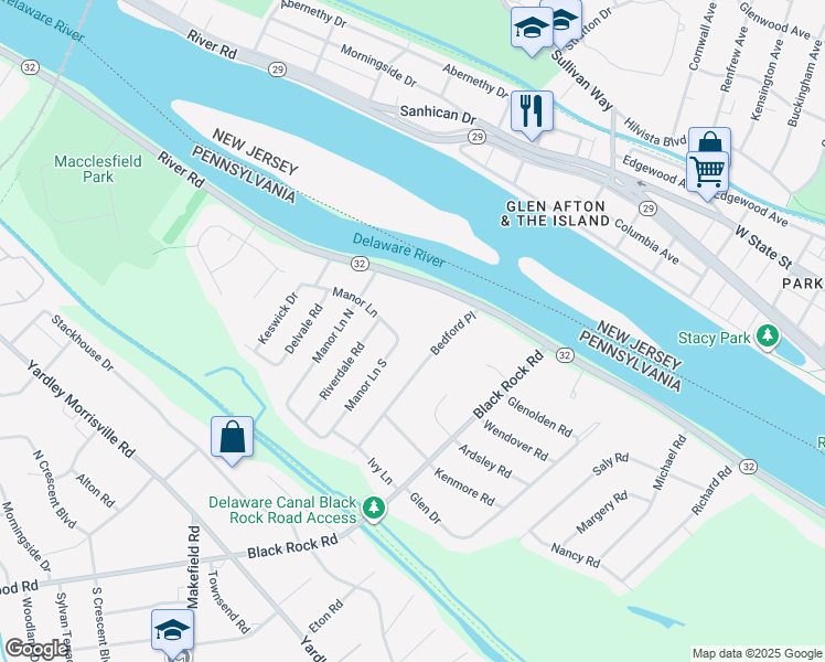 map of restaurants, bars, coffee shops, grocery stores, and more near 92 Manor Lane North in Yardley