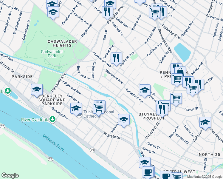 map of restaurants, bars, coffee shops, grocery stores, and more near 720 Bellevue Avenue in Trenton