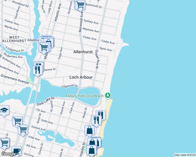 map of restaurants, bars, coffee shops, grocery stores, and more near 111 Euclid Avenue in Allenhurst