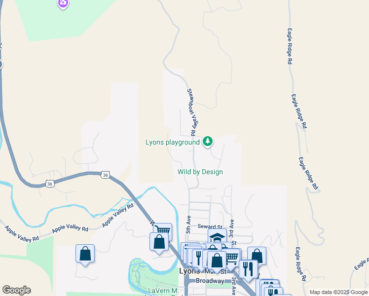 map of restaurants, bars, coffee shops, grocery stores, and more near 1015 Steamboat Valley Road in Lyons