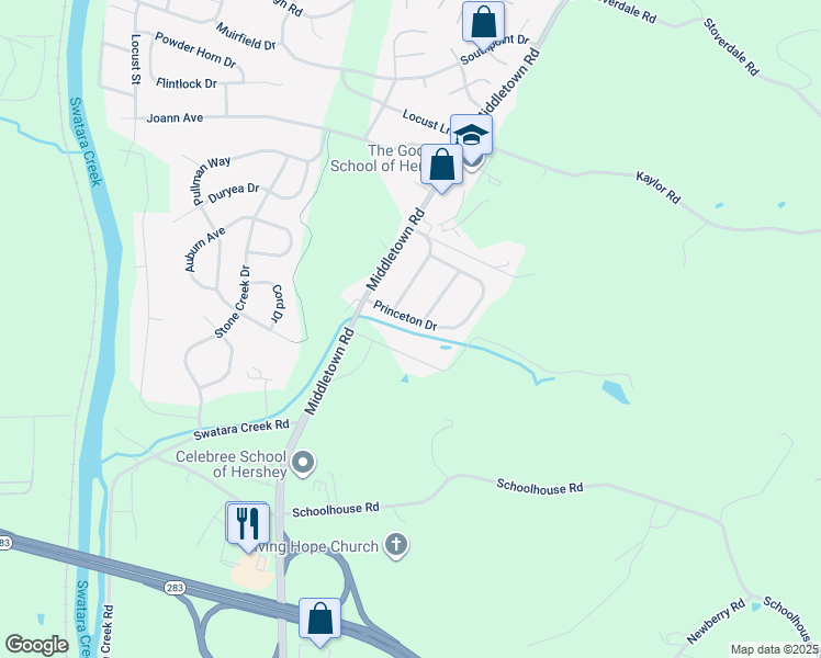 map of restaurants, bars, coffee shops, grocery stores, and more near 1079 Princeton Drive in Hummelstown