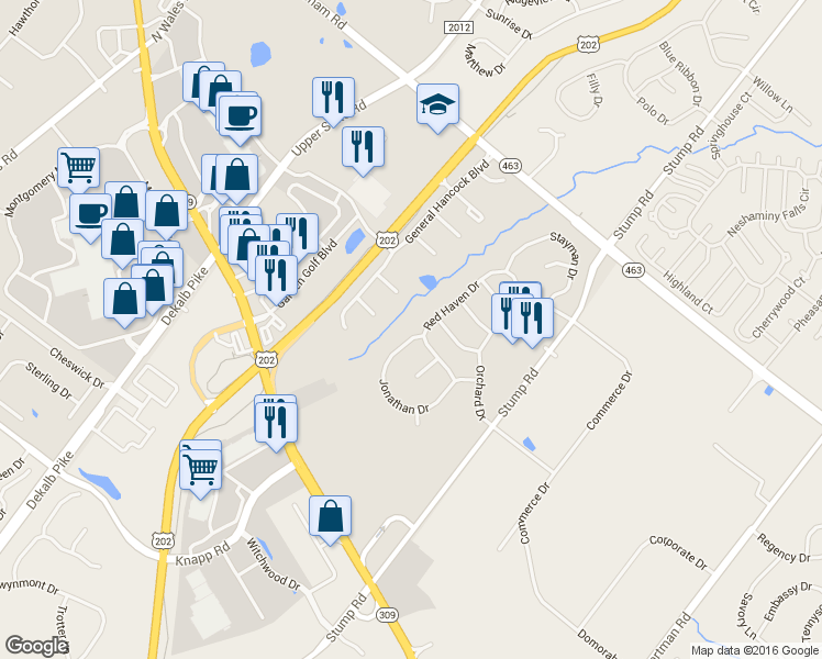 map of restaurants, bars, coffee shops, grocery stores, and more near 225 Jonathan Drive in North Wales