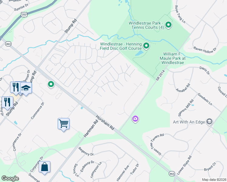 map of restaurants, bars, coffee shops, grocery stores, and more near 742 Dogwood Drive in North Wales