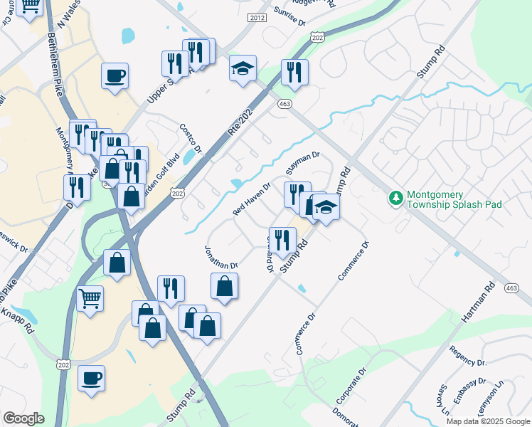 map of restaurants, bars, coffee shops, grocery stores, and more near 103 Bartlett Dr in North Wales