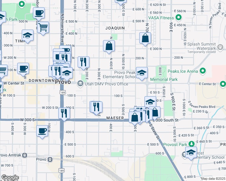 map of restaurants, bars, coffee shops, grocery stores, and more near 55 400 East in Provo