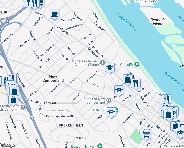 map of restaurants, bars, coffee shops, grocery stores, and more near 327 Evergreen St in New Cumberland