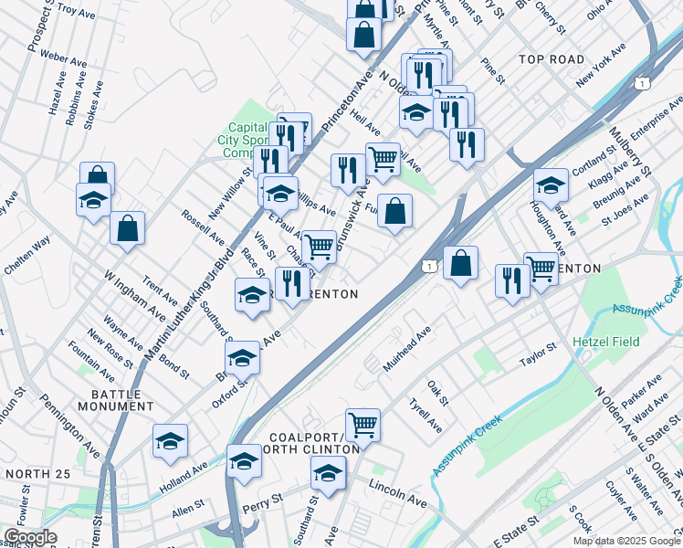 map of restaurants, bars, coffee shops, grocery stores, and more near 572 Brunswick Avenue in Trenton