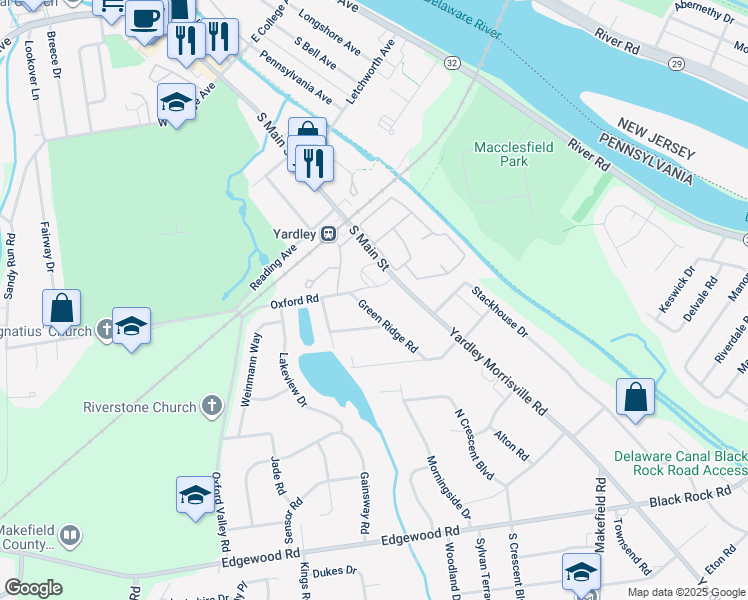 map of restaurants, bars, coffee shops, grocery stores, and more near 26 Green Ridge Road in Yardley