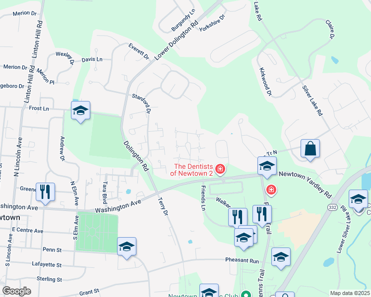 map of restaurants, bars, coffee shops, grocery stores, and more near 2 Farmington Place in Newtown