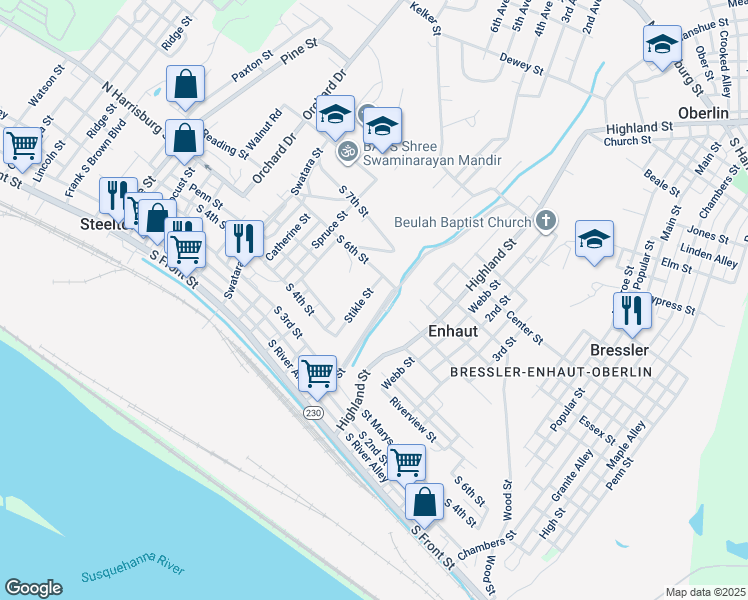 map of restaurants, bars, coffee shops, grocery stores, and more near 501 Mohn Street in Steelton