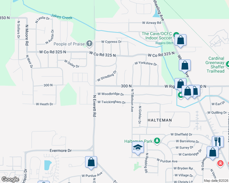 map of restaurants, bars, coffee shops, grocery stores, and more near 3012 West Woodbridge Drive in Muncie