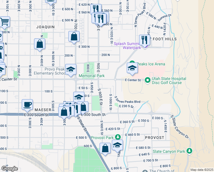 map of restaurants, bars, coffee shops, grocery stores, and more near 975 East 50 South in Provo