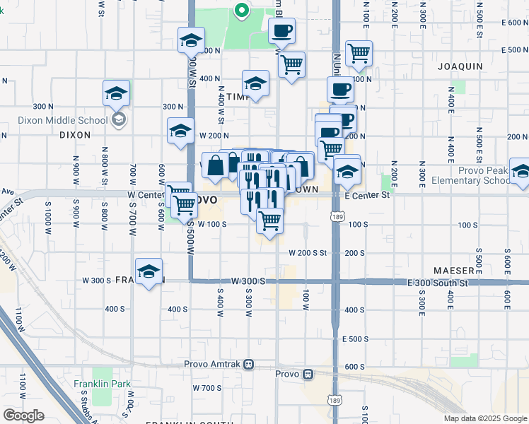map of restaurants, bars, coffee shops, grocery stores, and more near 244 West 100 South in Provo