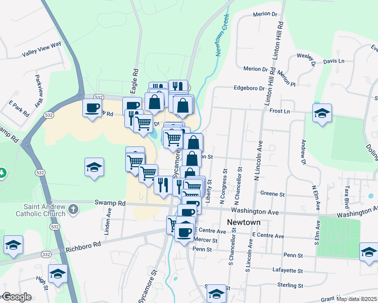 map of restaurants, bars, coffee shops, grocery stores, and more near 9 Jefferson Street in Newtown