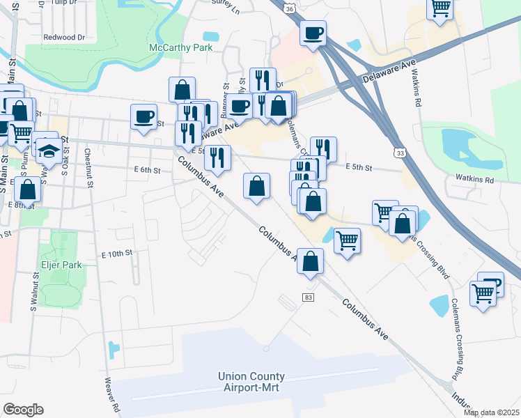 map of restaurants, bars, coffee shops, grocery stores, and more near 1014 Columbus Avenue in Marysville