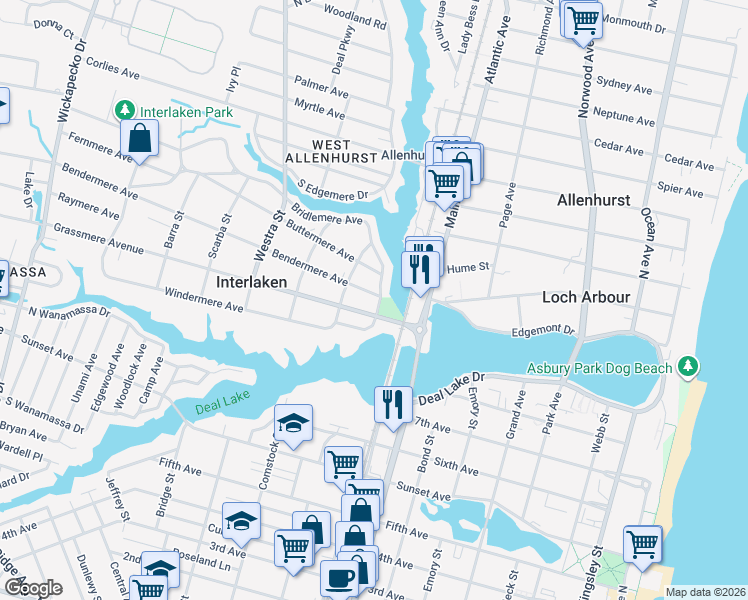 map of restaurants, bars, coffee shops, grocery stores, and more near 10 Bridlemere Avenue in Interlaken