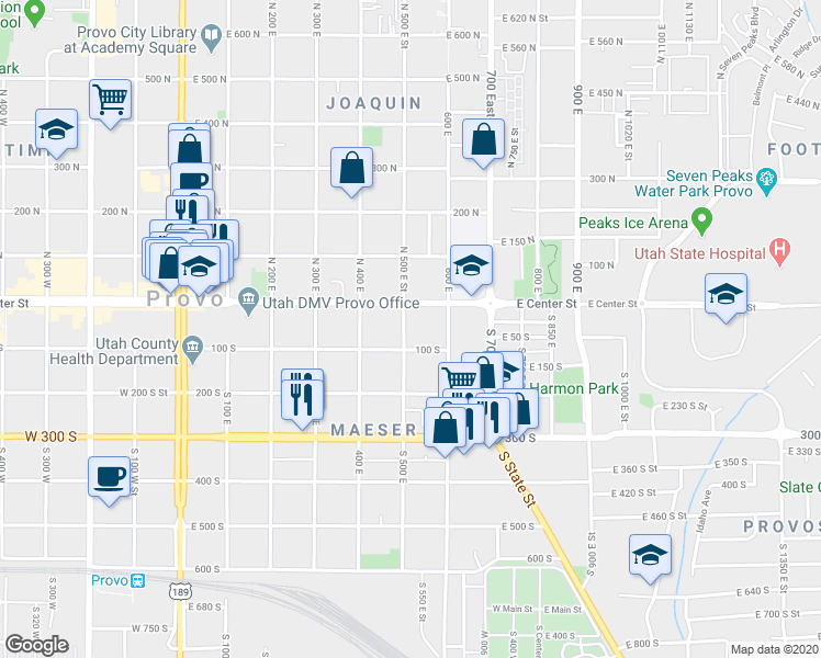map of restaurants, bars, coffee shops, grocery stores, and more near 57 South 500 East in Provo