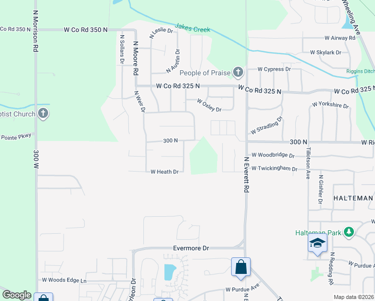 map of restaurants, bars, coffee shops, grocery stores, and more near 4804 North Lafern Way in Muncie