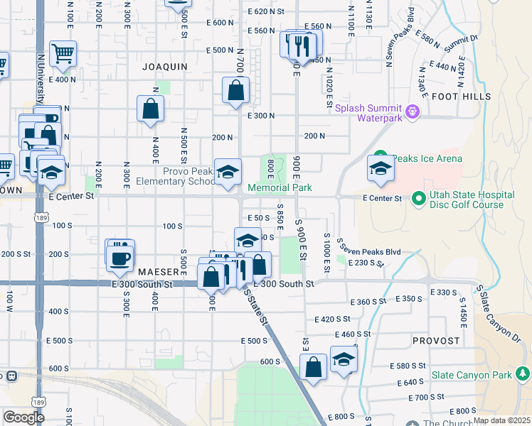 map of restaurants, bars, coffee shops, grocery stores, and more near 781 East 50 South in Provo