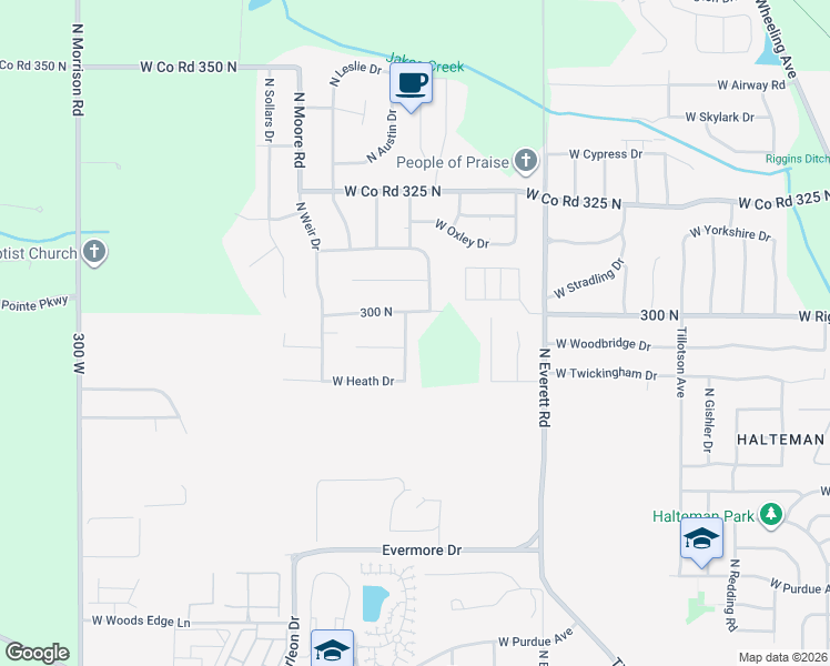 map of restaurants, bars, coffee shops, grocery stores, and more near 4804 North Lafern Way in Muncie