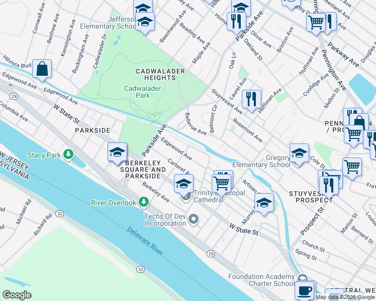 map of restaurants, bars, coffee shops, grocery stores, and more near 840 Edgewood Avenue in Trenton