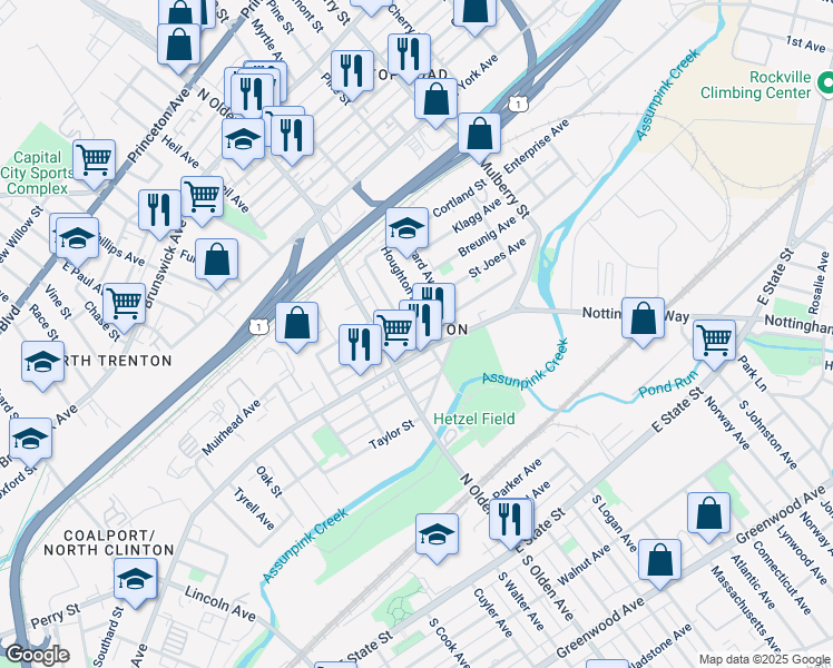 map of restaurants, bars, coffee shops, grocery stores, and more near 26 Sherman Ave in Trenton