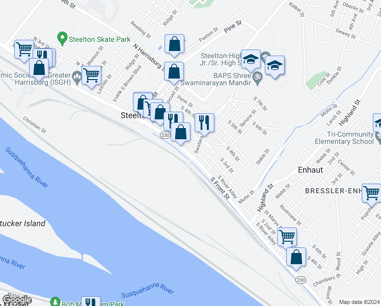 map of restaurants, bars, coffee shops, grocery stores, and more near 193 South Front Street in Steelton