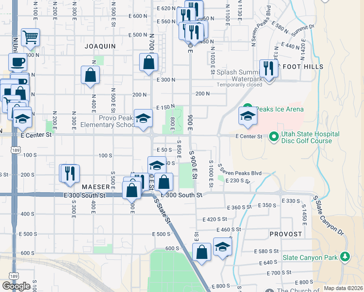 map of restaurants, bars, coffee shops, grocery stores, and more near 45 South 850 East in Provo
