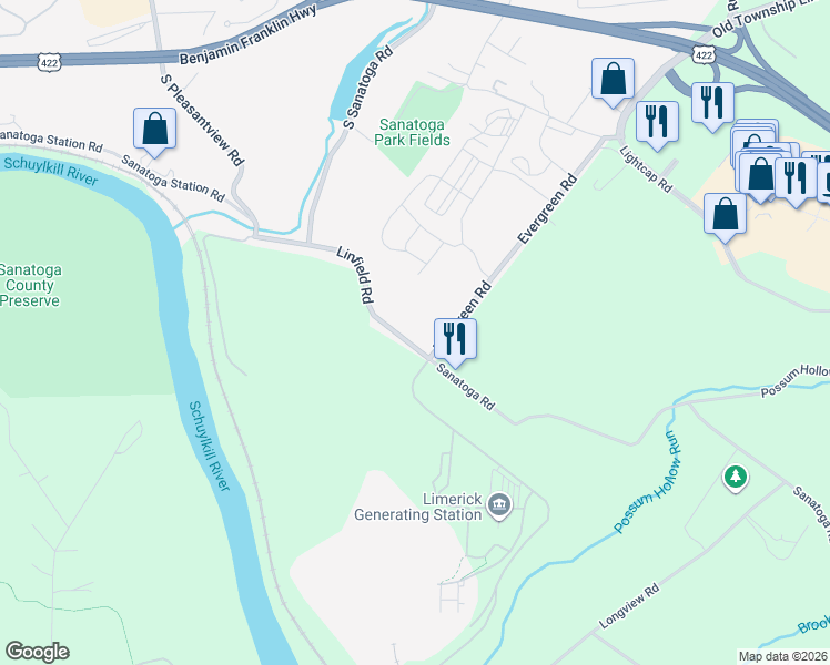map of restaurants, bars, coffee shops, grocery stores, and more near 3033 Linfield Road in Pottstown