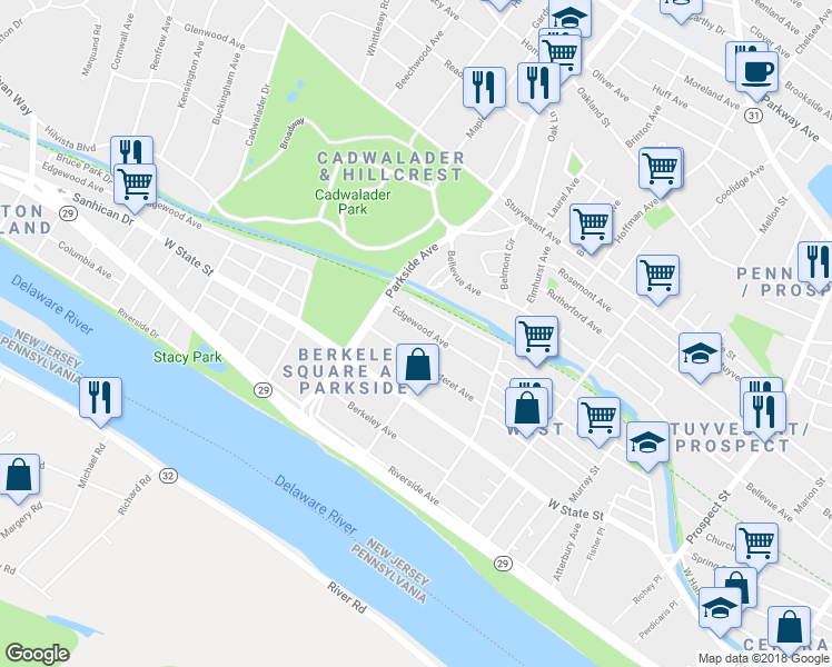 map of restaurants, bars, coffee shops, grocery stores, and more near 917 Edgewood Avenue in Trenton
