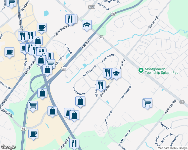 map of restaurants, bars, coffee shops, grocery stores, and more near 107 Bartlett Drive in North Wales