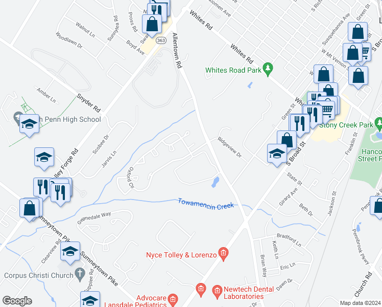 map of restaurants, bars, coffee shops, grocery stores, and more near 1398 Oxford Cir in Lansdale