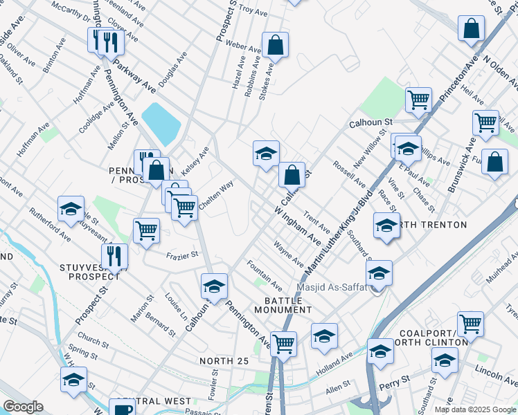 map of restaurants, bars, coffee shops, grocery stores, and more near 585 Roosevelt Street in Trenton