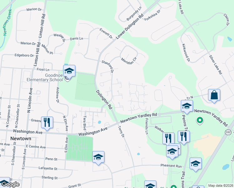 map of restaurants, bars, coffee shops, grocery stores, and more near 381 Milford Court in Newtown