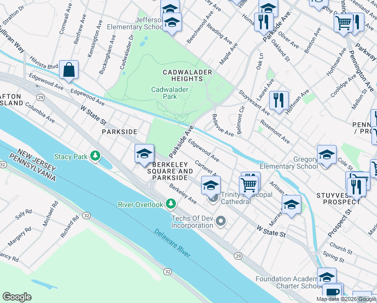map of restaurants, bars, coffee shops, grocery stores, and more near 921 Edgewood Avenue in Trenton