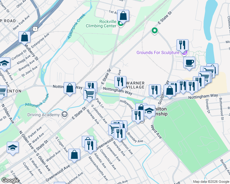map of restaurants, bars, coffee shops, grocery stores, and more near 1271 Nottingham Way in Hamilton Township
