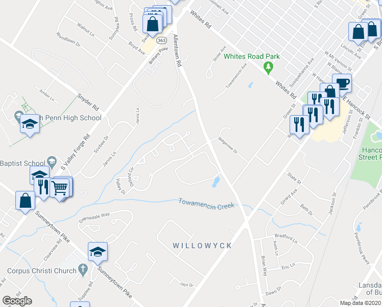 map of restaurants, bars, coffee shops, grocery stores, and more near 1481 Oxford Circle in Lansdale