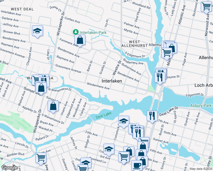 map of restaurants, bars, coffee shops, grocery stores, and more near 405 Windermere Avenue in Interlaken