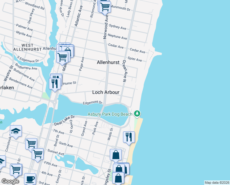 map of restaurants, bars, coffee shops, grocery stores, and more near 209 Euclid Avenue in Allenhurst