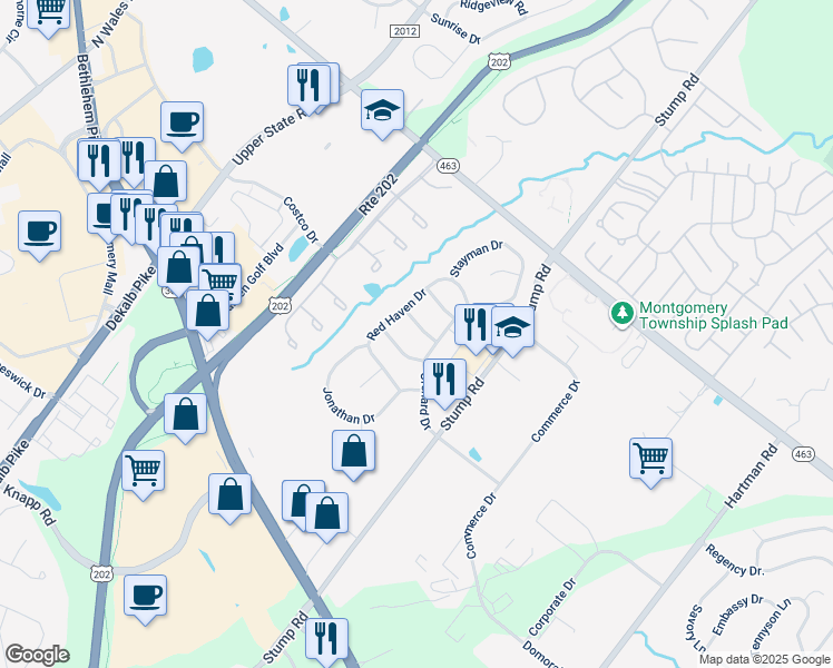 map of restaurants, bars, coffee shops, grocery stores, and more near 107 Bartlett Drive in North Wales